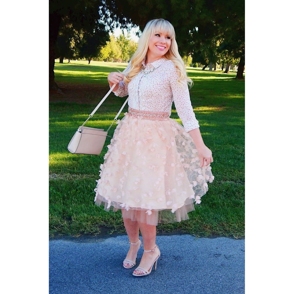 NWT Eva Franco Tulle Midi Skirt 6 Peach Petal Fete 3D Floral Embroidery Coquette